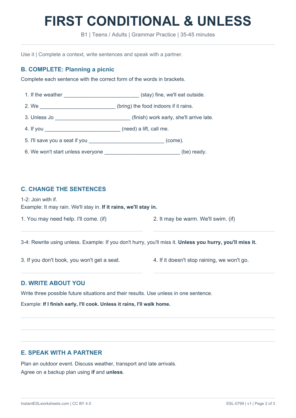 Page 2 of First Conditional Unless - Grammar Practice
