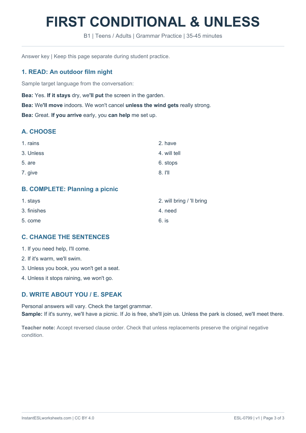 Page 3 of First Conditional Unless - Grammar Practice - answer key