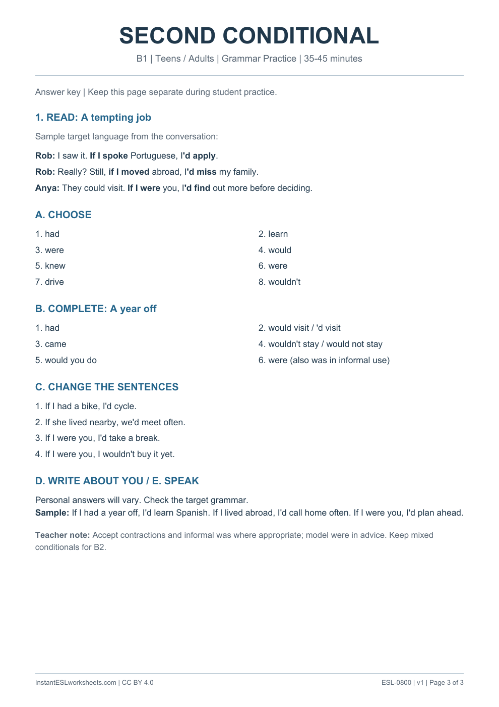 Page 3 of Second Conditional - Grammar Practice - answer key