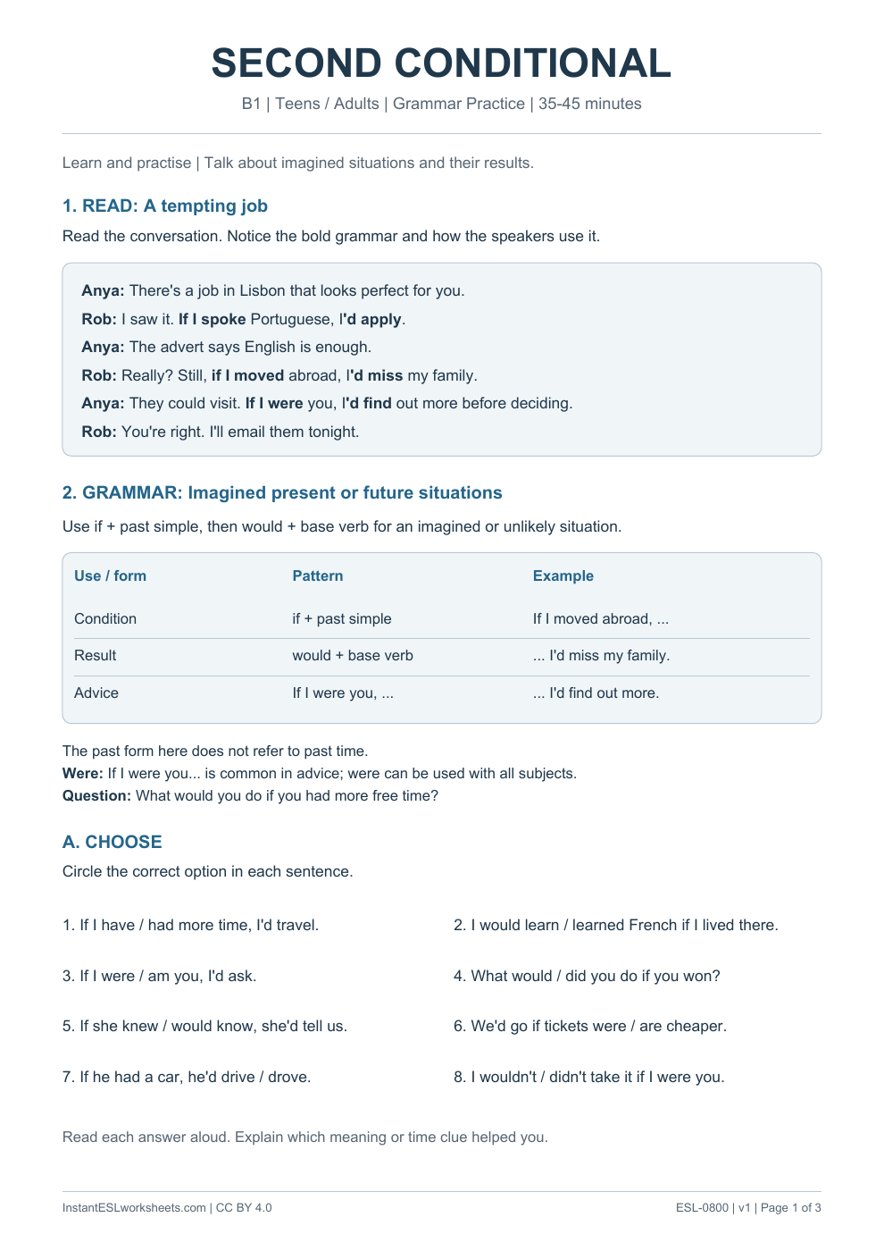 Page 1 of Second Conditional - Grammar Practice