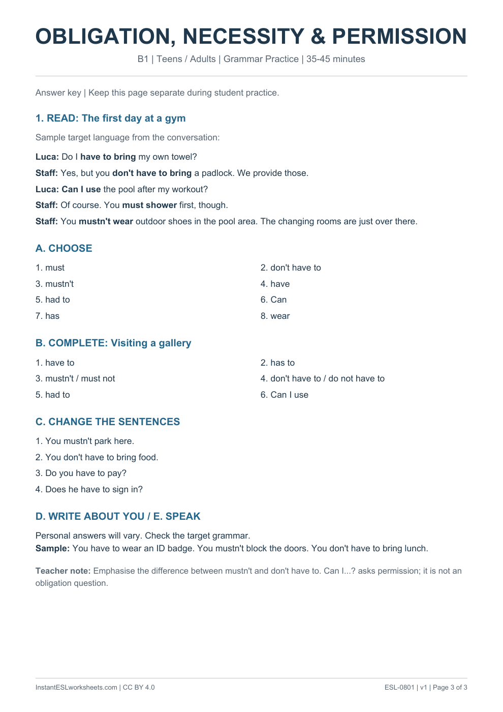 Page 3 of Modals Obligation Necessity Permission - Grammar Practice - answer key
