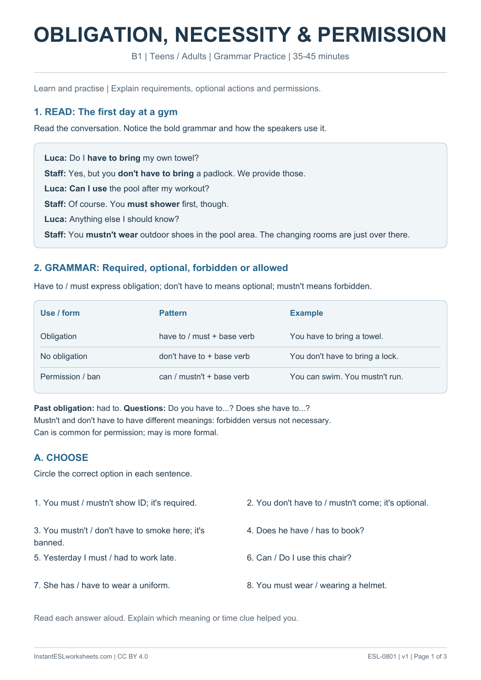 Page 1 of Modals Obligation Necessity Permission - Grammar Practice