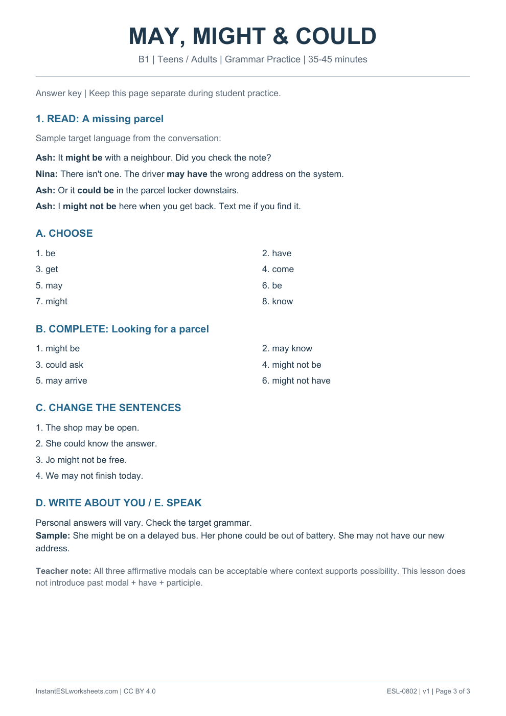 Page 3 of Modals Possibility - Grammar Practice - answer key