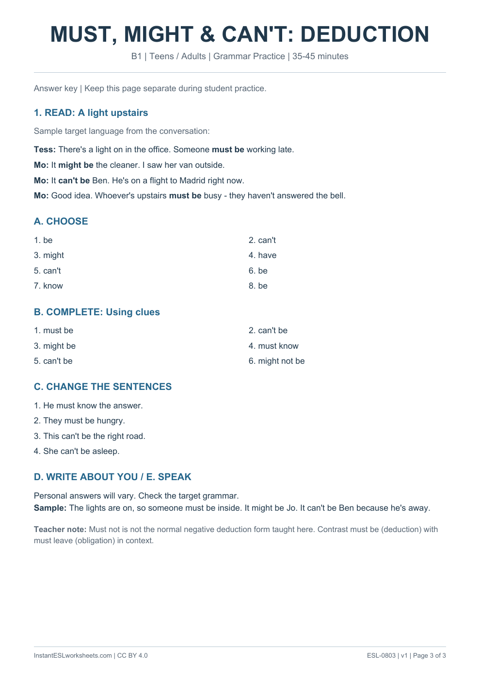 Page 3 of Modals Deduction - Grammar Practice - answer key