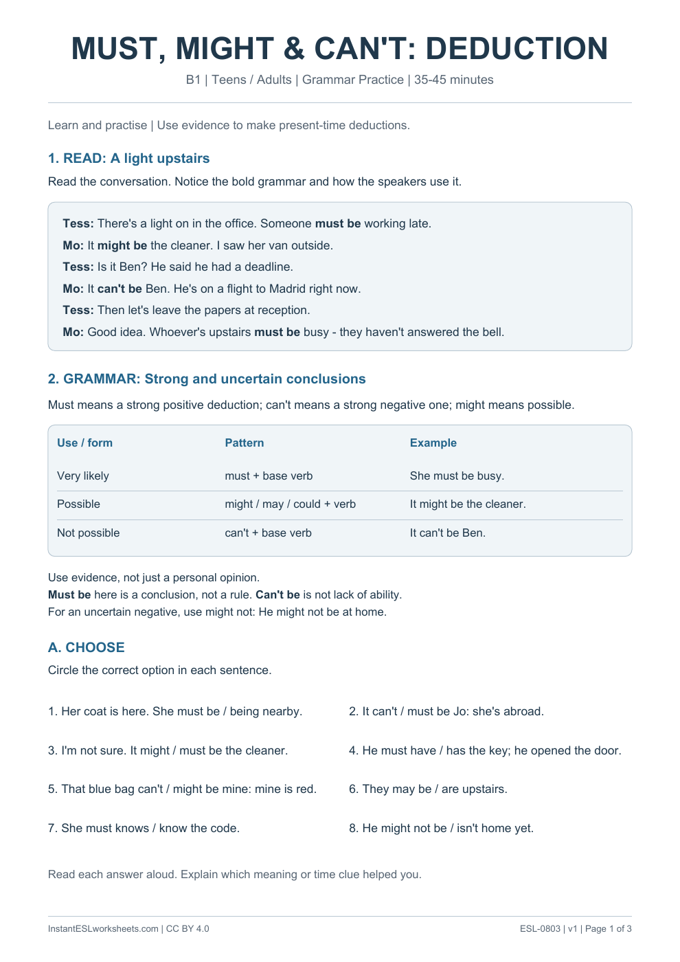Page 1 of Modals Deduction - Grammar Practice