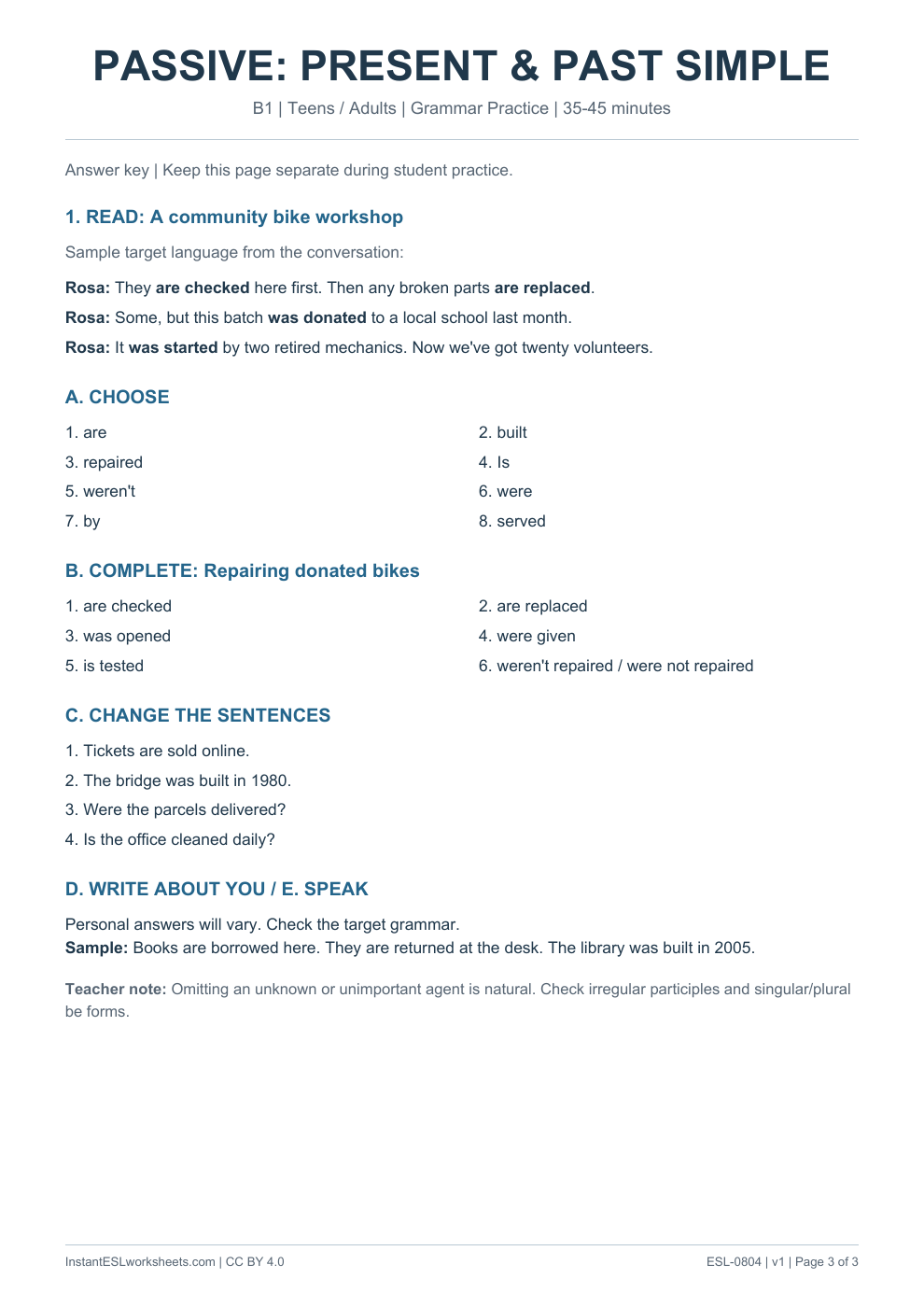 Page 3 of Passive Present and Past Simple - Grammar Practice - answer key