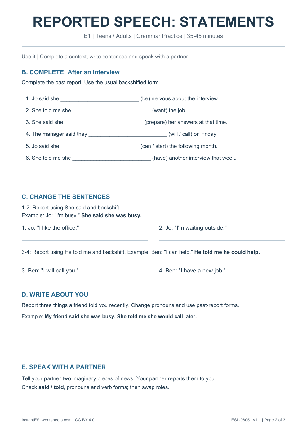 Page 2 of Reported Speech Statements - Grammar Practice