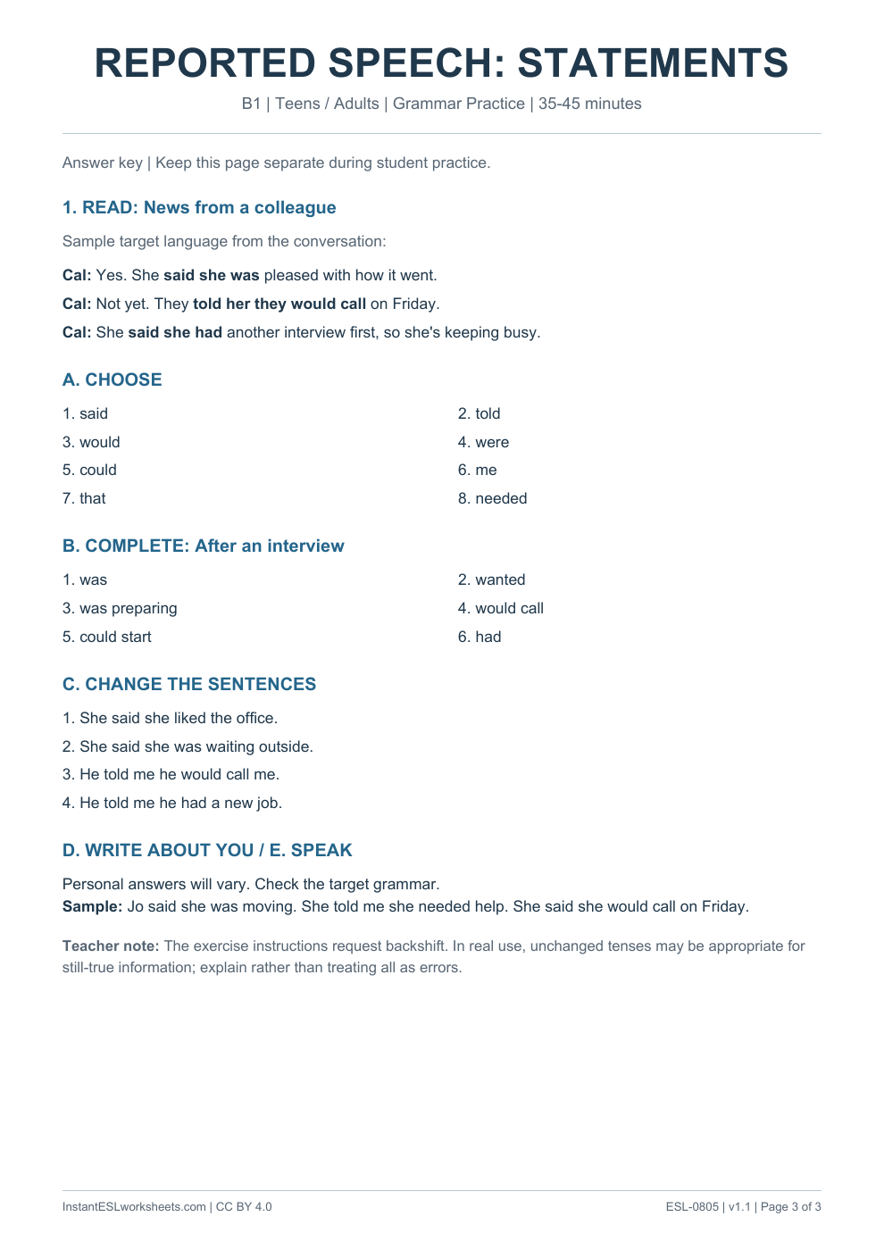 Page 3 of Reported Speech Statements - Grammar Practice - answer key