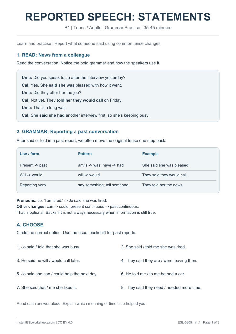 Page 1 of Reported Speech Statements - Grammar Practice