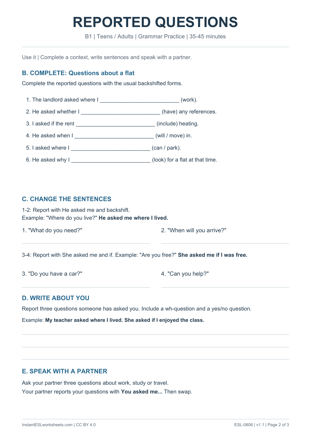 Page 2 of Reported Questions - Grammar Practice