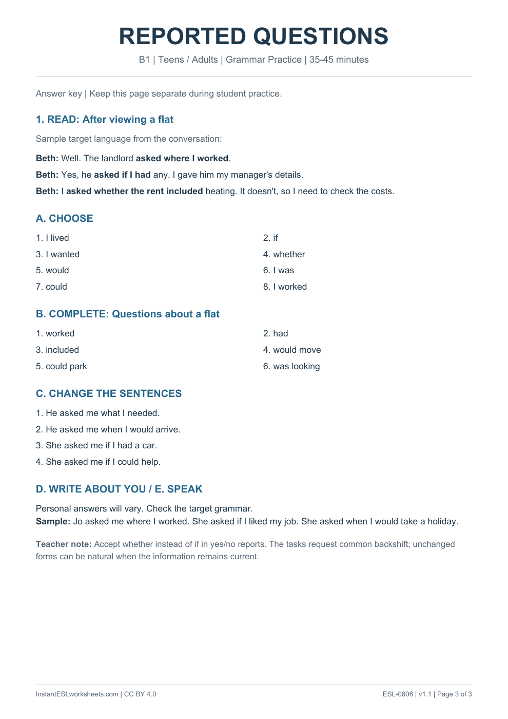 Page 3 of Reported Questions - Grammar Practice - answer key