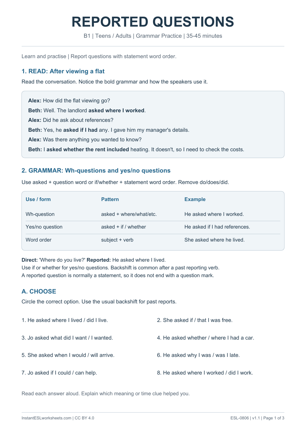 Page 1 of Reported Questions - Grammar Practice