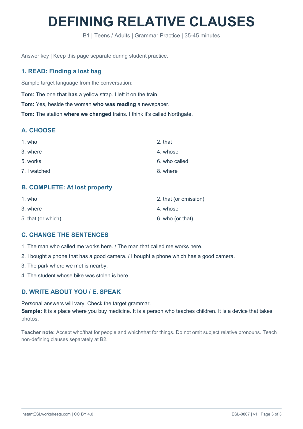 Page 3 of Defining Relative Clauses - Grammar Practice - answer key