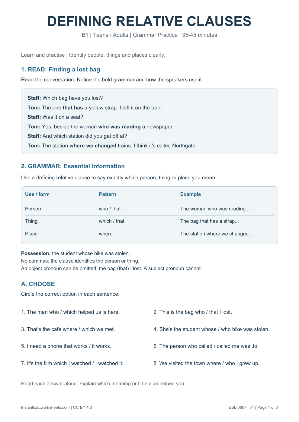 Page 1 of Defining Relative Clauses - Grammar Practice