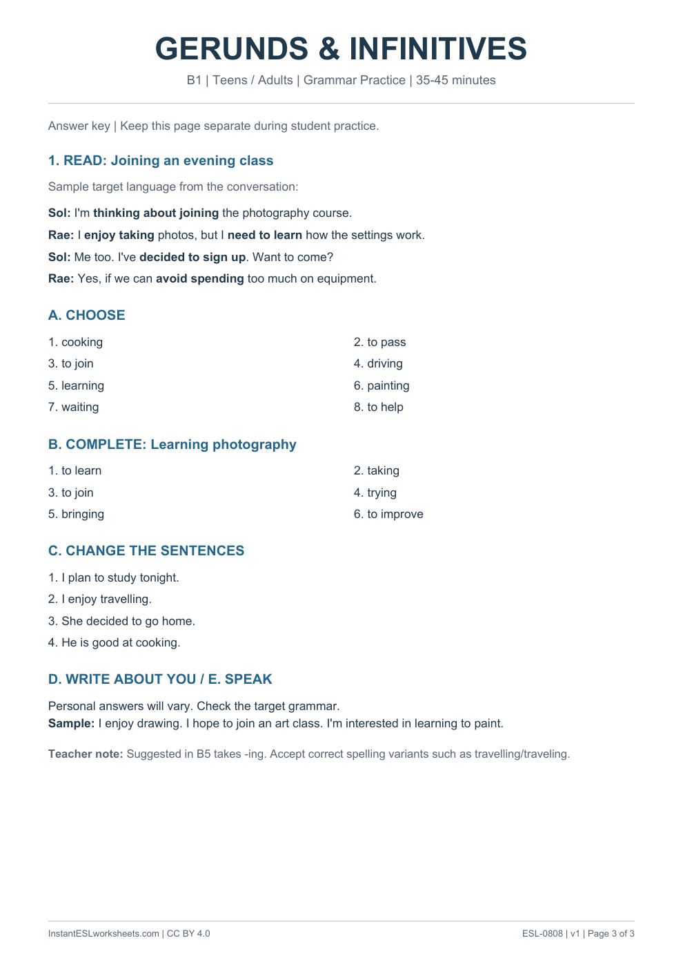 Page 3 of Gerunds and Infinitives - Grammar Practice - answer key