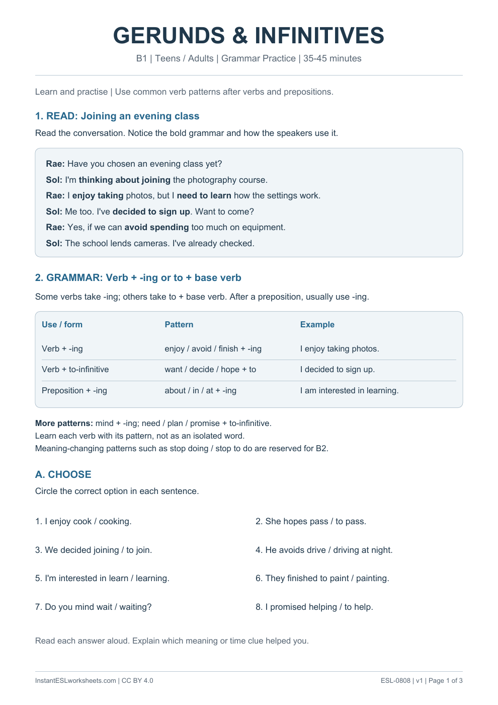Page 1 of Gerunds and Infinitives - Grammar Practice