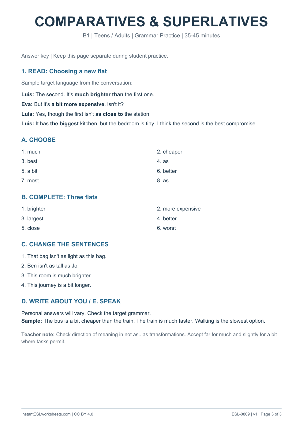 Page 3 of Comparatives and Superlatives - Grammar Practice - answer key