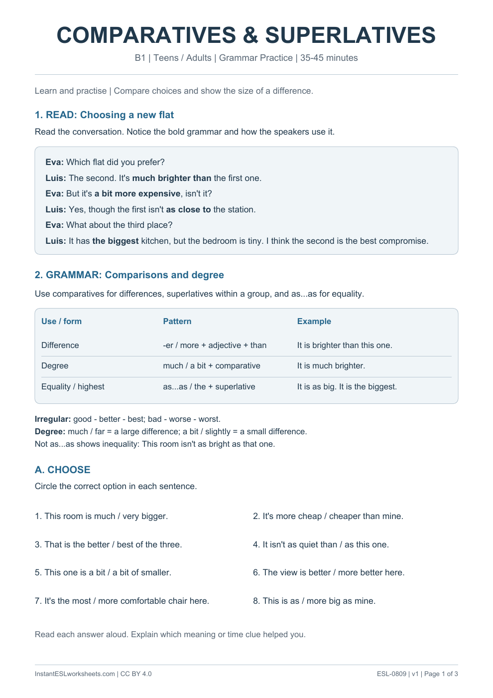Page 1 of Comparatives and Superlatives - Grammar Practice