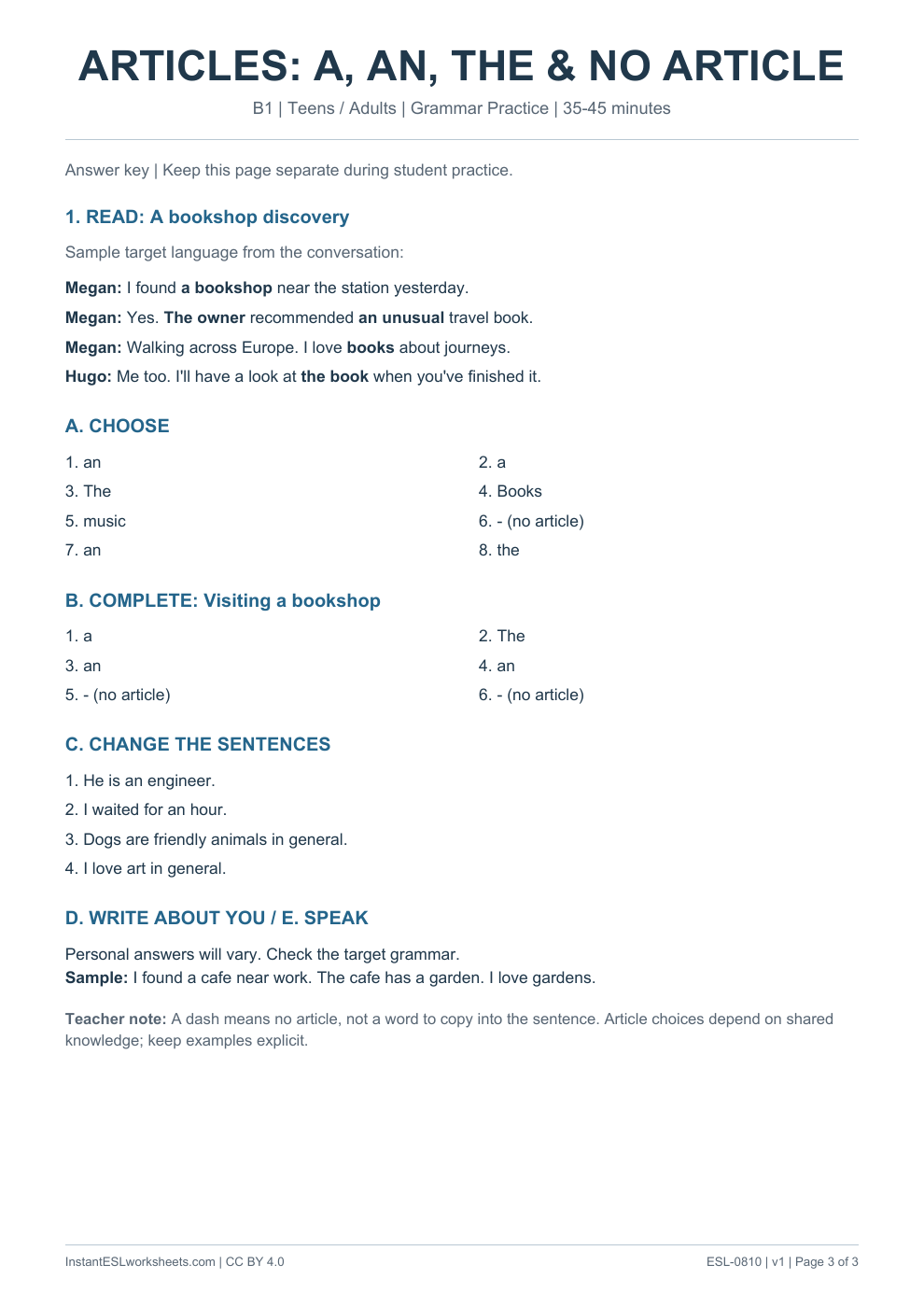 Page 3 of Articles - Grammar Practice - answer key