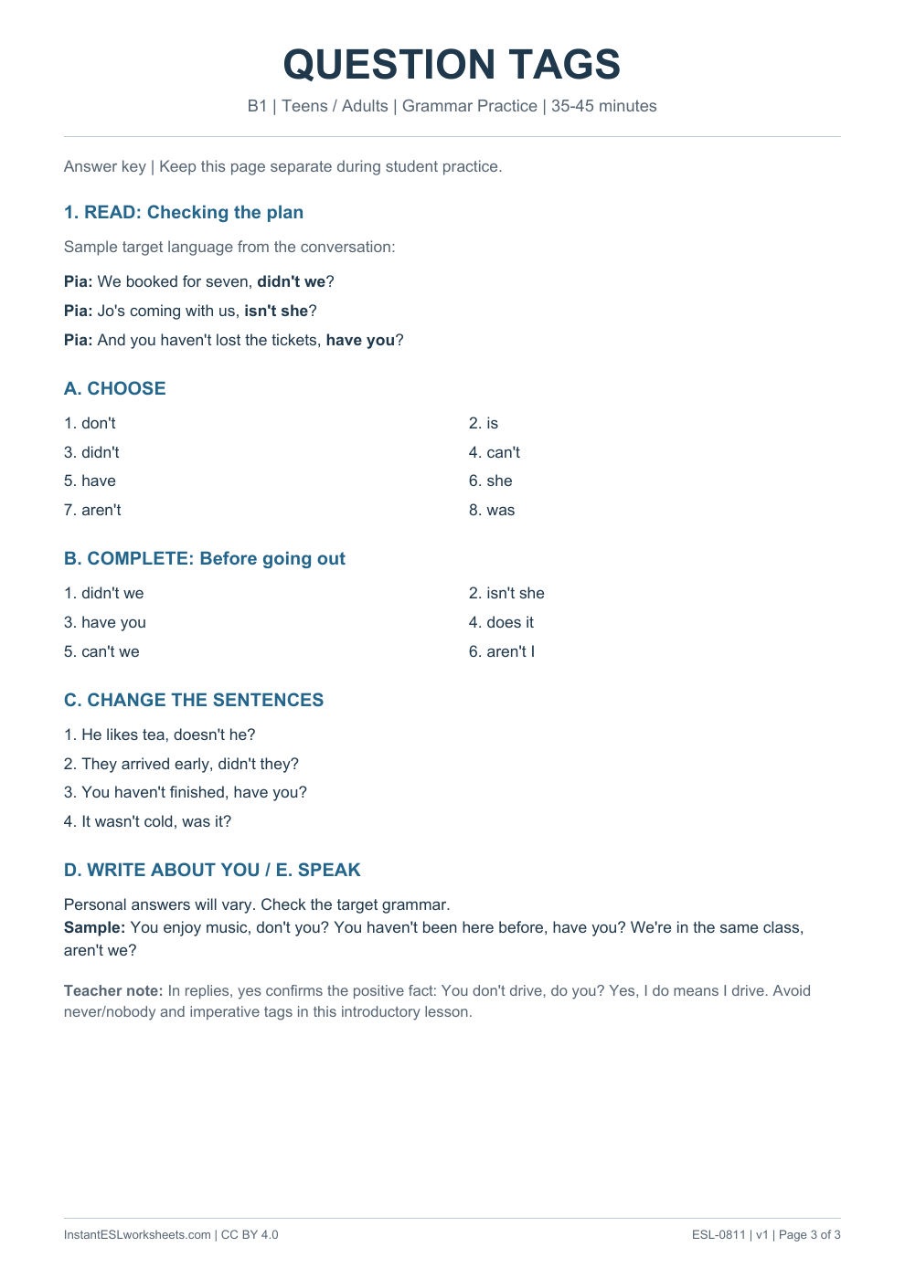 Page 3 of Question Tags - Grammar Practice - answer key