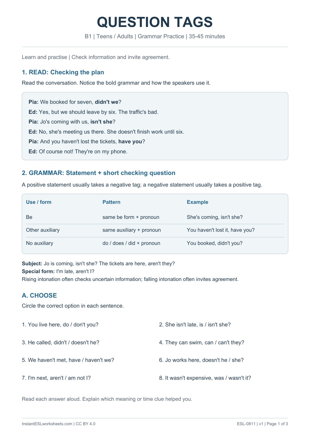 Page 1 of Question Tags - Grammar Practice