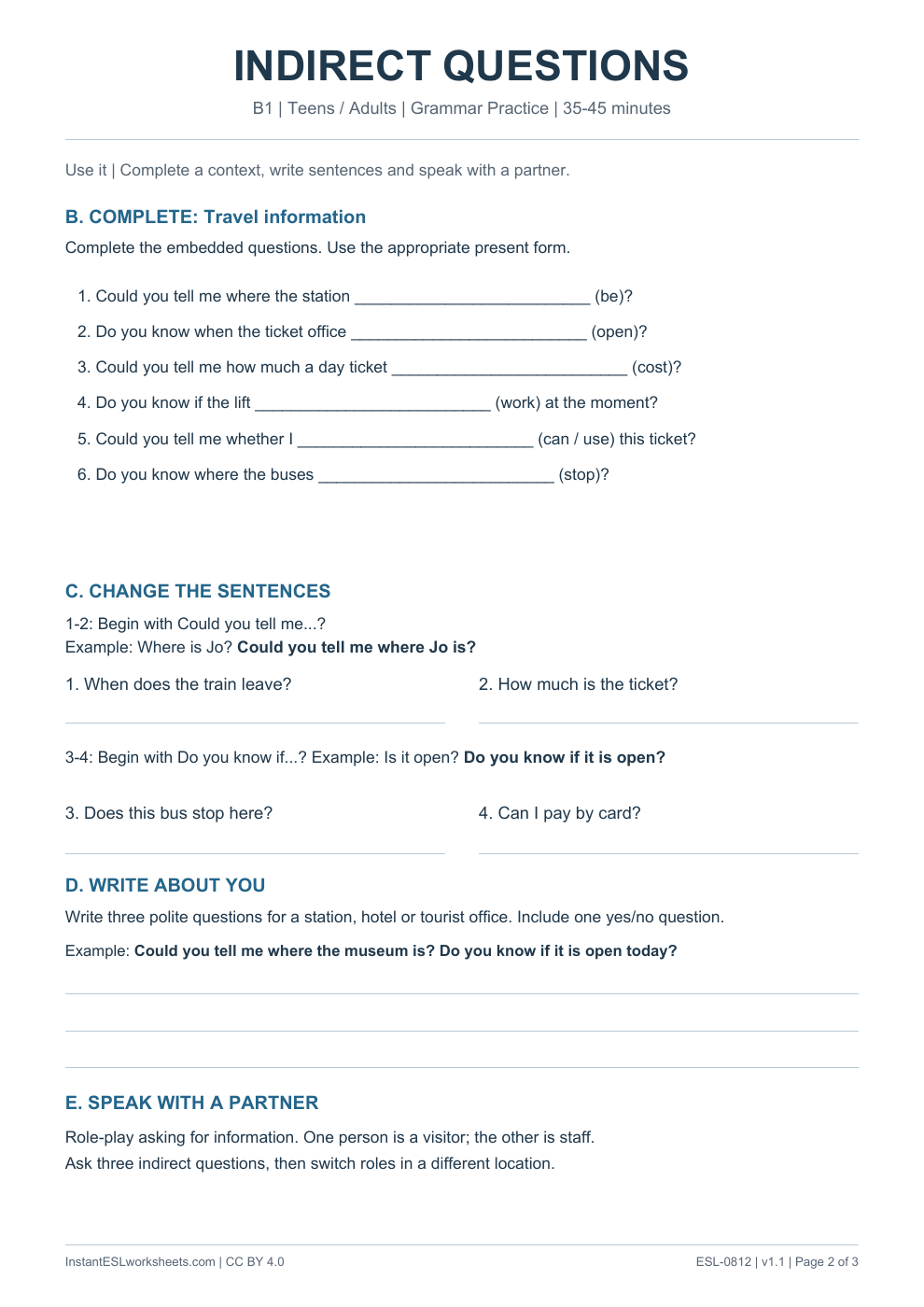 Page 2 of Indirect Questions - Grammar Practice