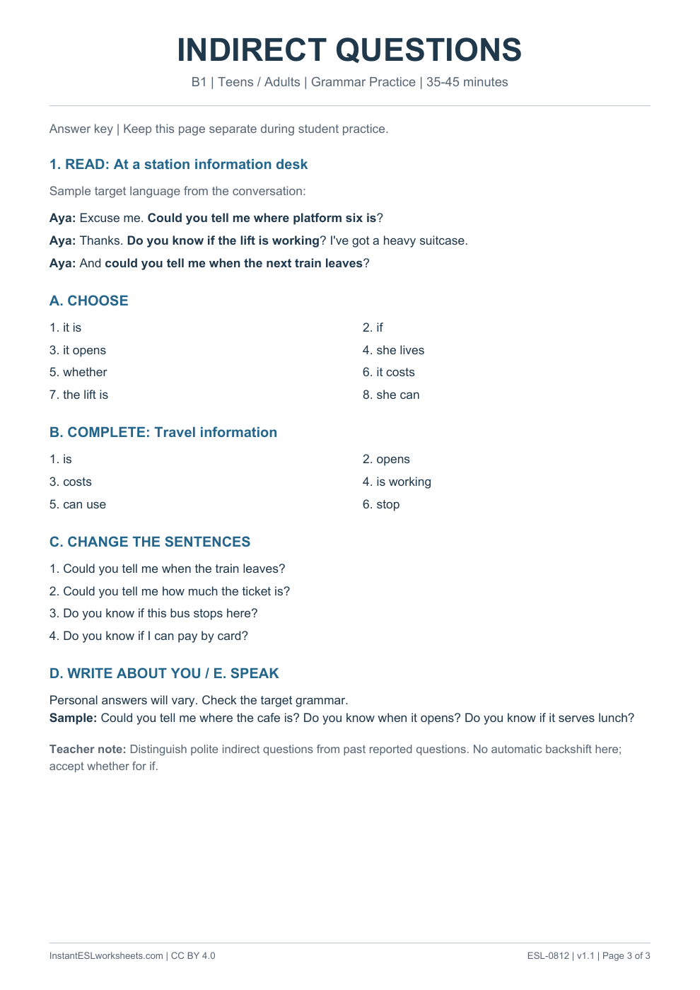 Page 3 of Indirect Questions - Grammar Practice - answer key