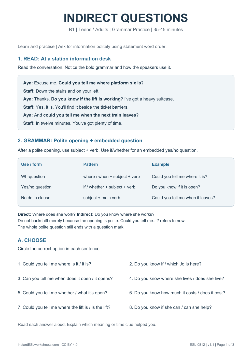 Page 1 of Indirect Questions - Grammar Practice