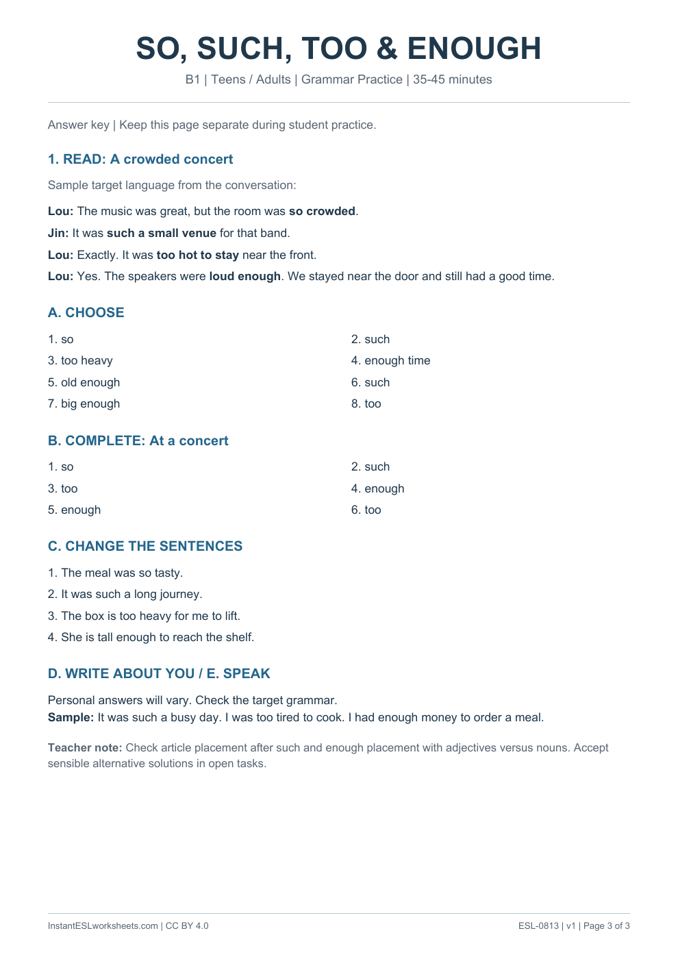 Page 3 of So Such Too and Enough - Grammar Practice - answer key