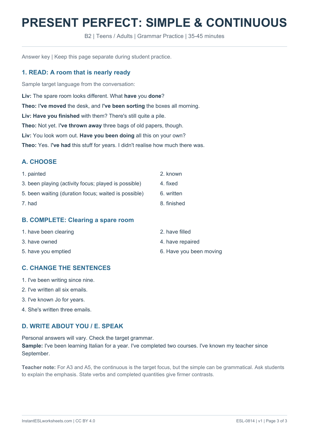 Page 3 of Present Perfect Simple and Continuous - Grammar Practice - answer key
