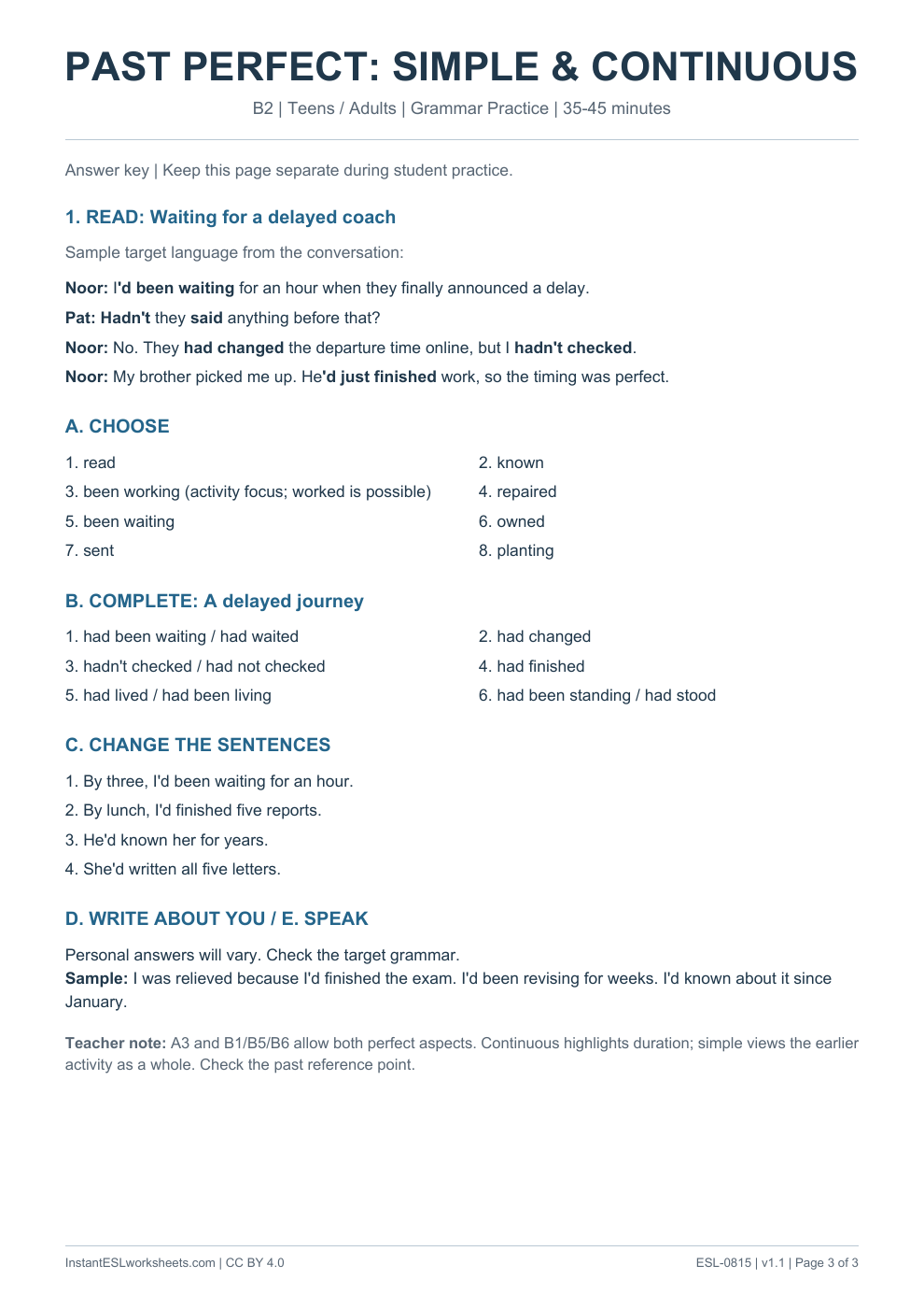 Page 3 of Past Perfect Simple and Continuous - Grammar Practice - answer key