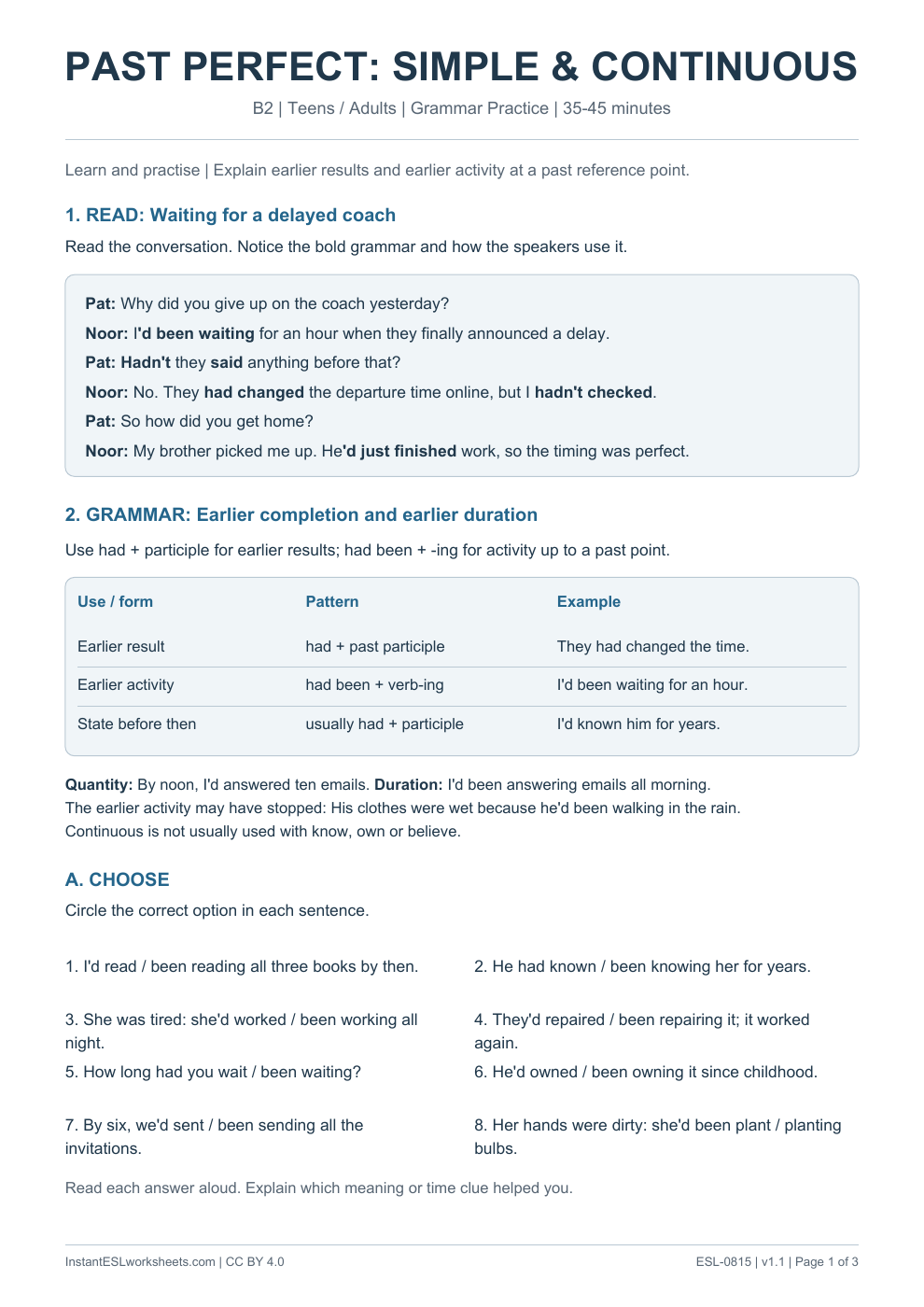 Page 1 of Past Perfect Simple and Continuous - Grammar Practice