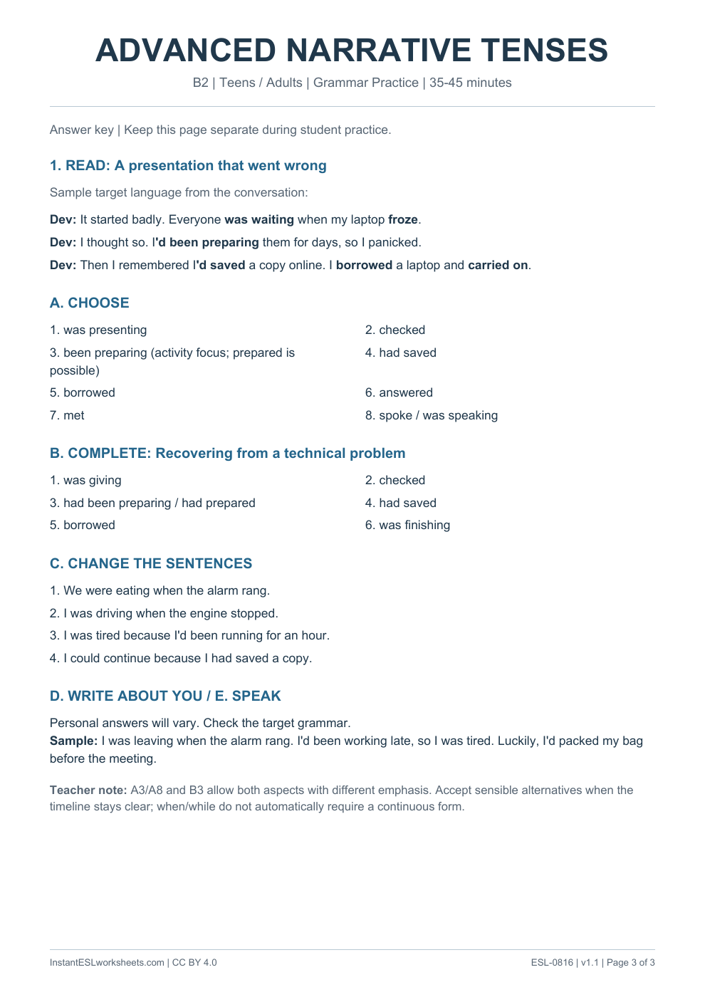 Page 3 of Advanced Narrative Tenses - Grammar Practice - answer key