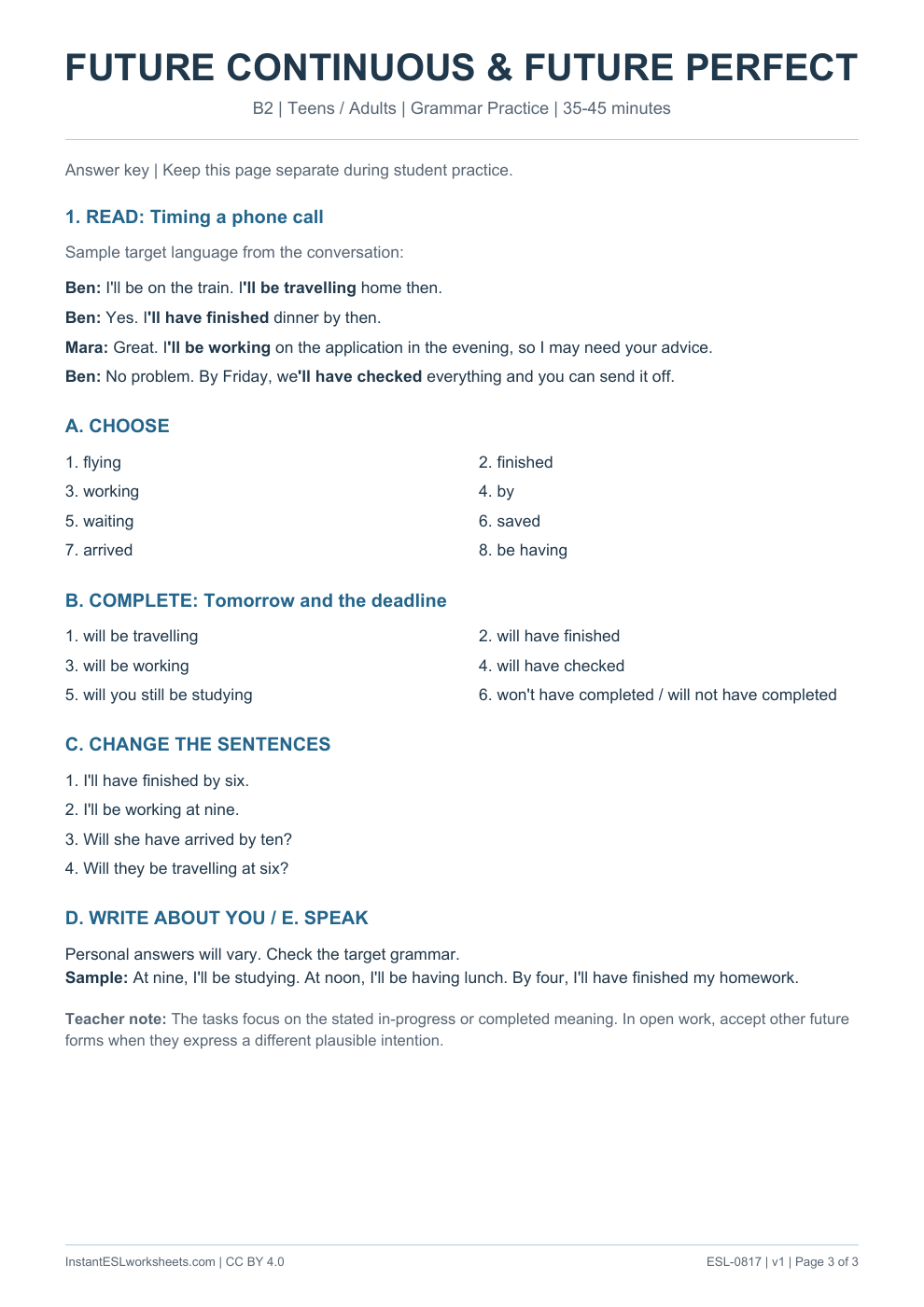 Page 3 of Future Continuous and Future Perfect - Grammar Practice - answer key