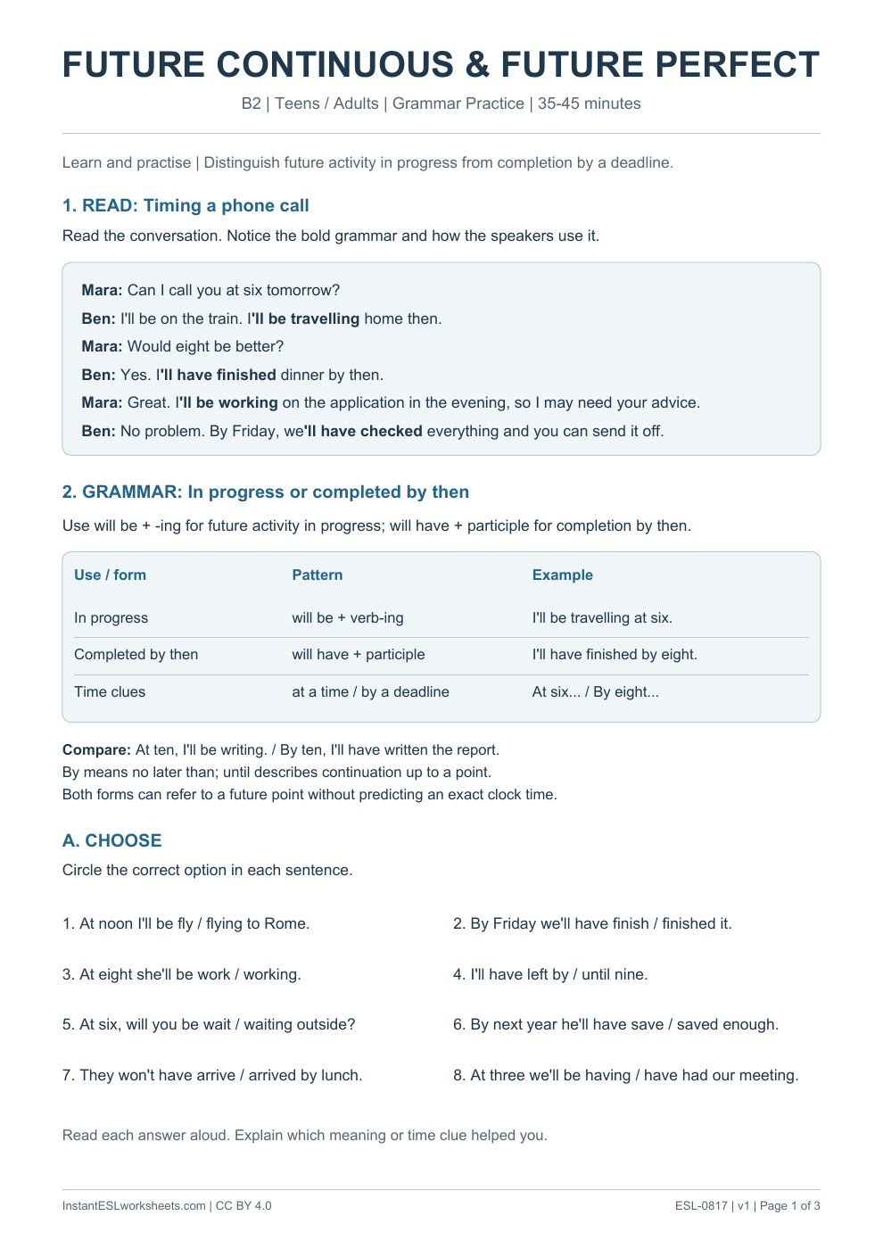 Page 1 of Future Continuous and Future Perfect - Grammar Practice