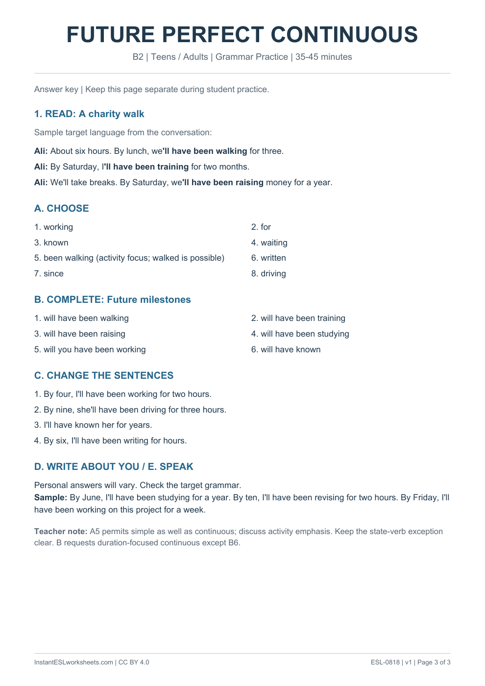 Page 3 of Future Perfect Continuous - Grammar Practice - answer key