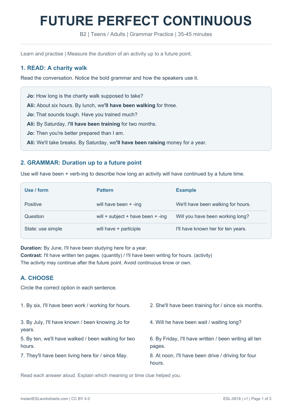Page 1 of Future Perfect Continuous - Grammar Practice