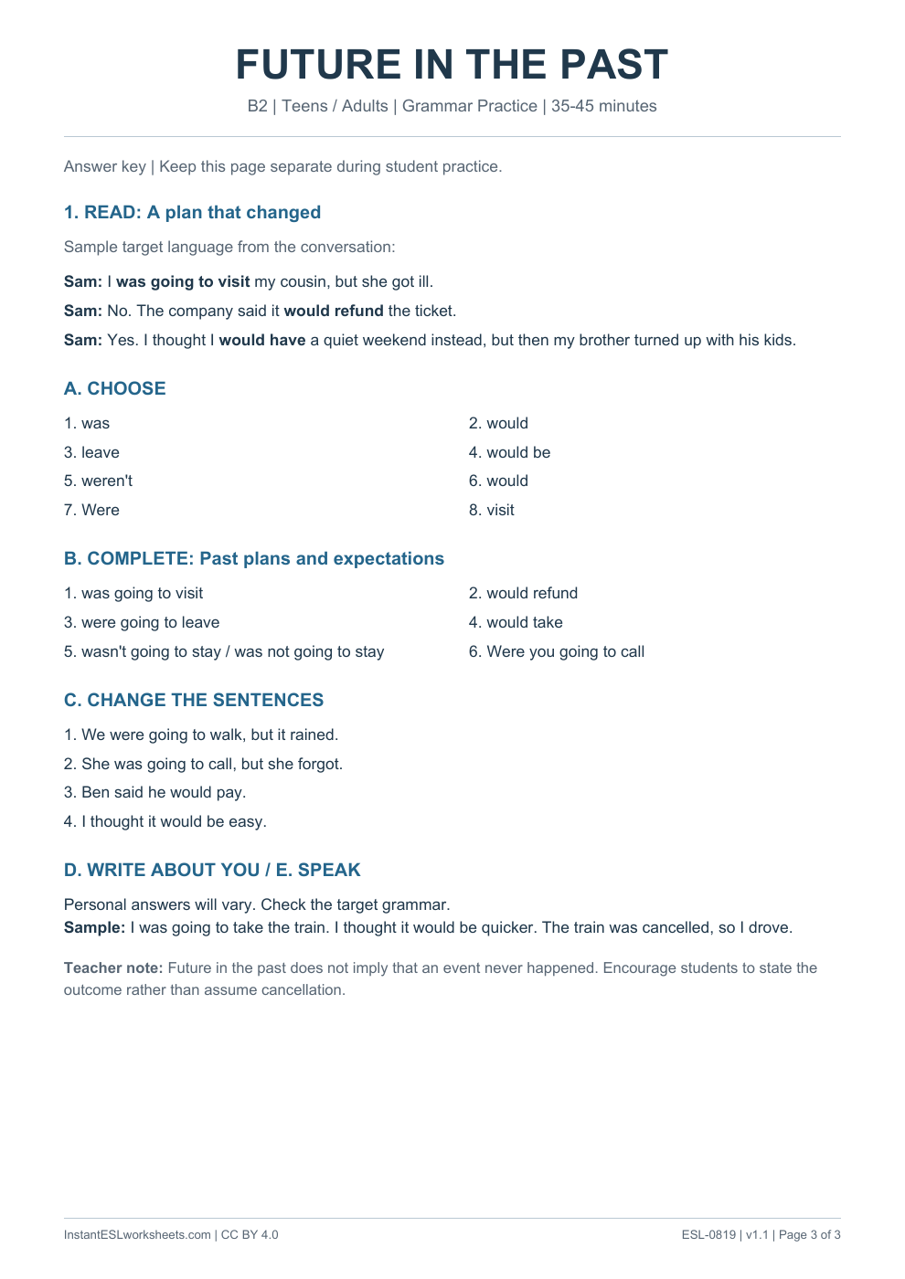 Page 3 of Future in the Past - Grammar Practice - answer key