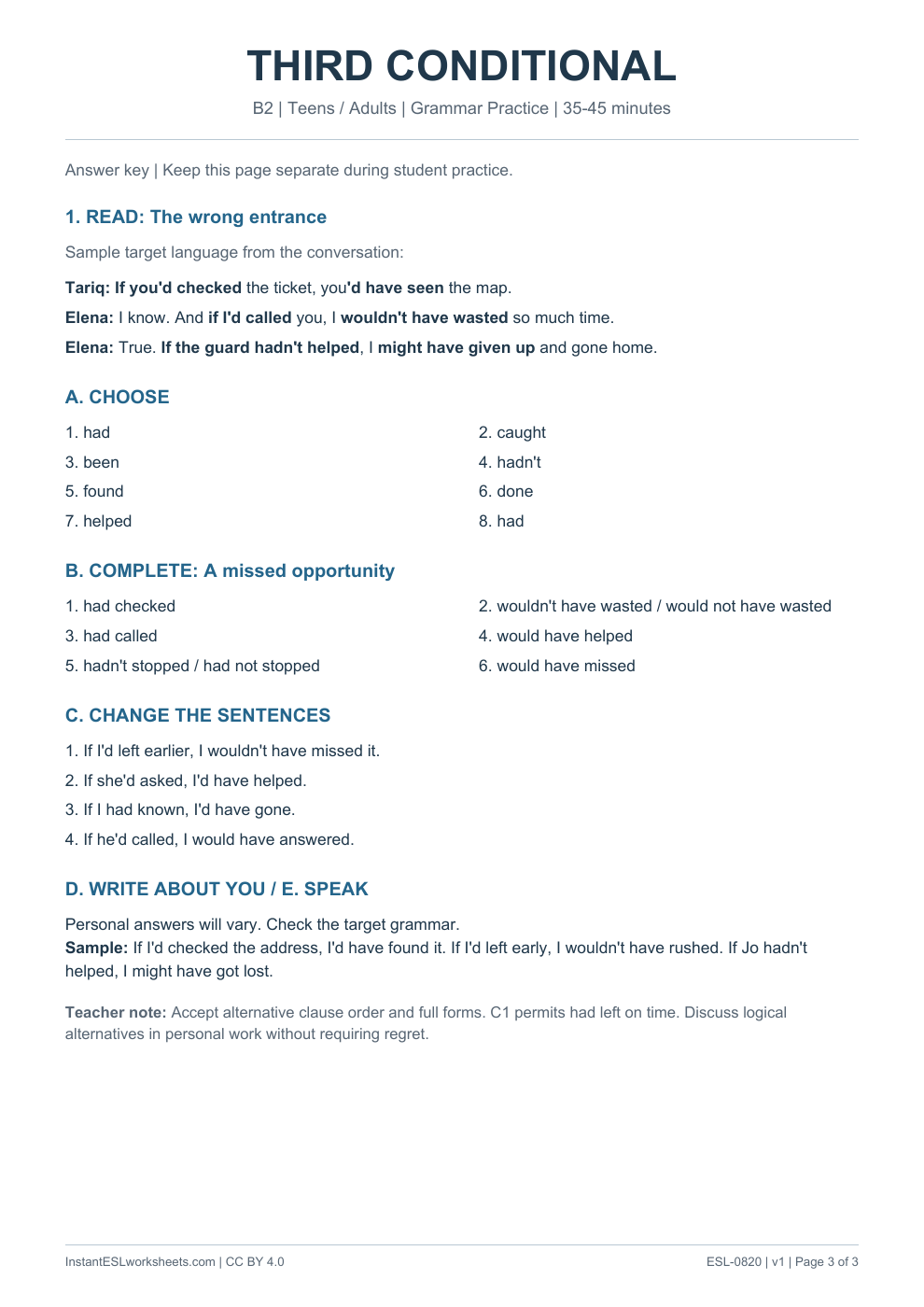 Page 3 of Third Conditional - Grammar Practice - answer key