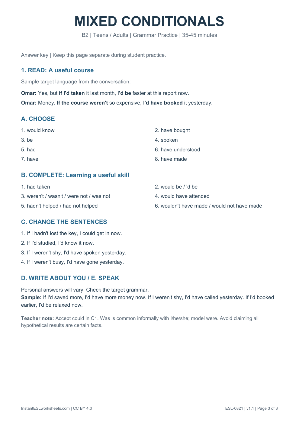 Page 3 of Mixed Conditionals - Grammar Practice - answer key