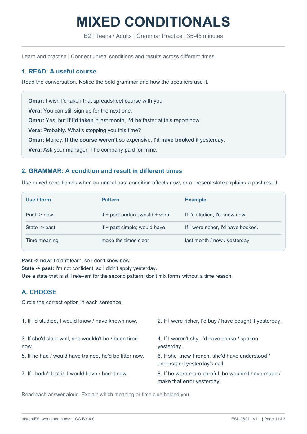 Page 1 of Mixed Conditionals - Grammar Practice