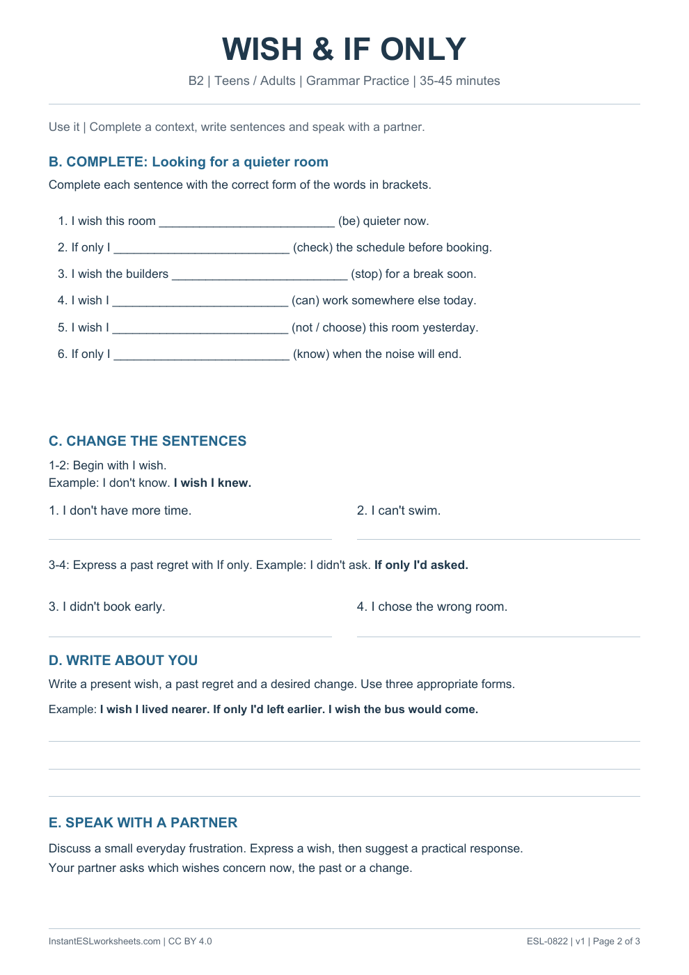 Page 2 of Wish and If Only - Grammar Practice