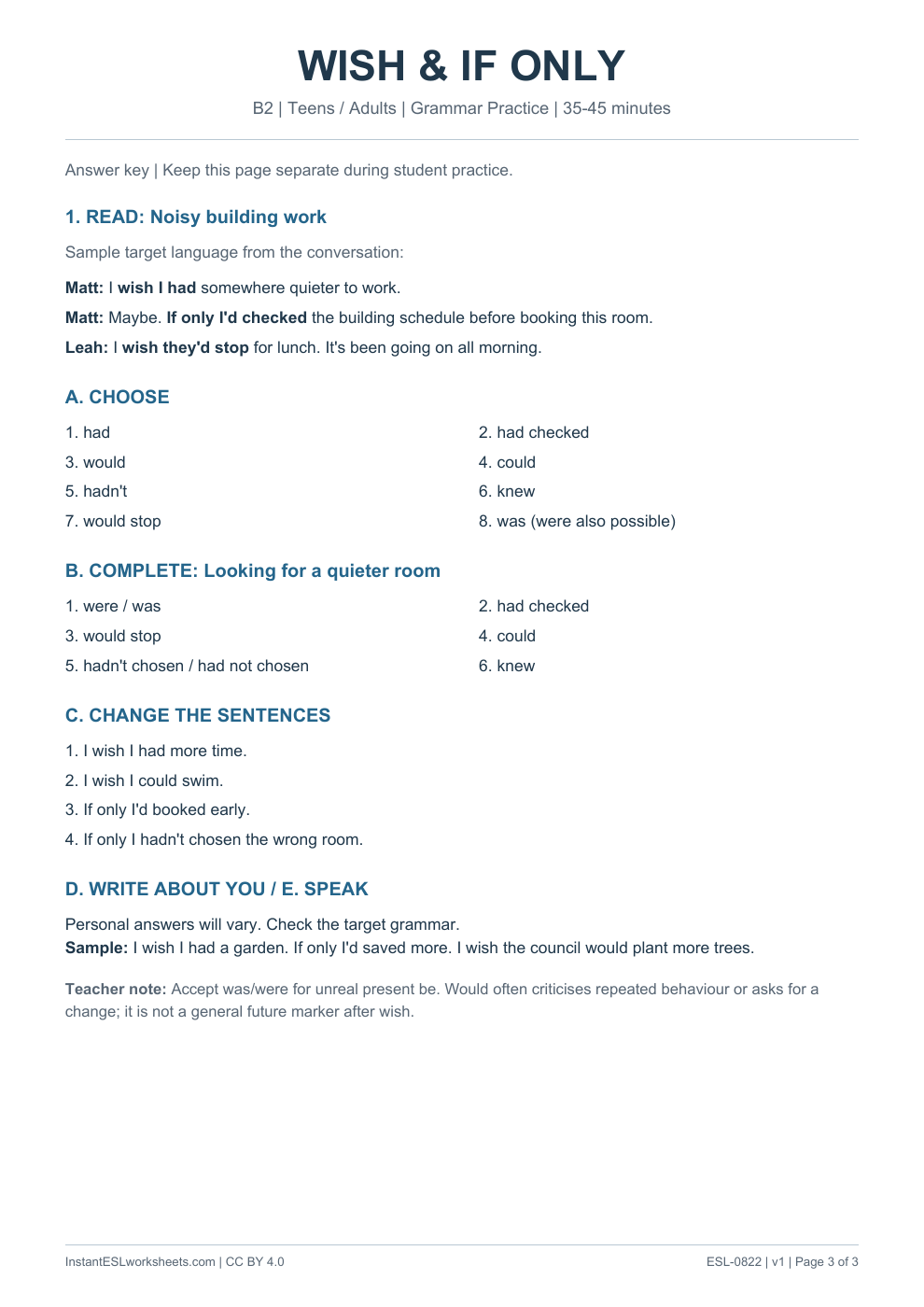 Page 3 of Wish and If Only - Grammar Practice - answer key