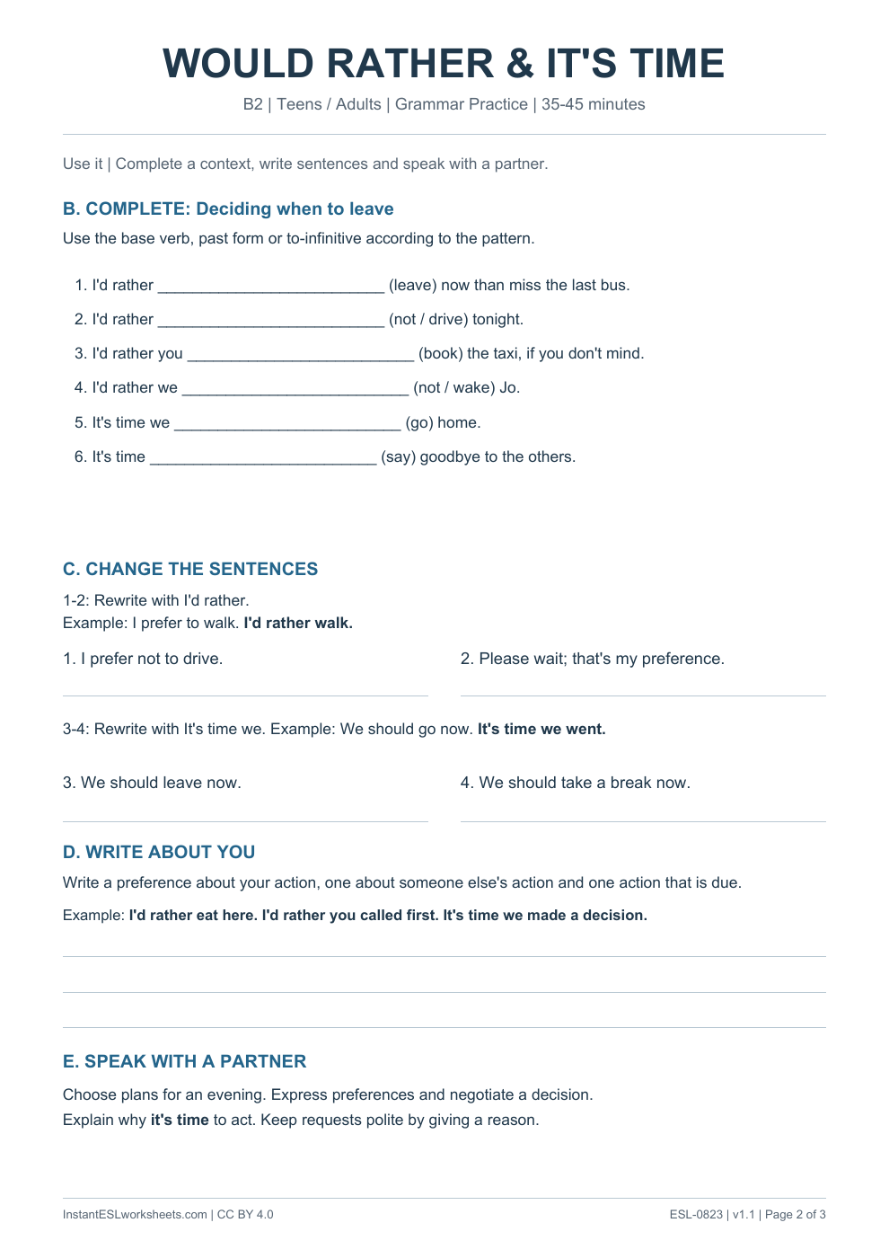 Page 2 of Would Rather and Its Time - Grammar Practice
