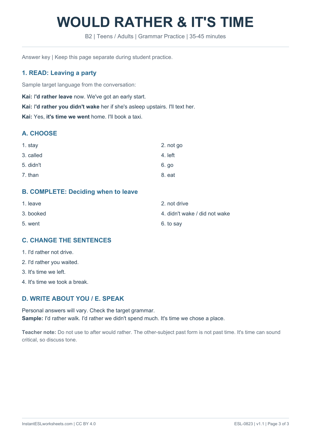 Page 3 of Would Rather and Its Time - Grammar Practice - answer key