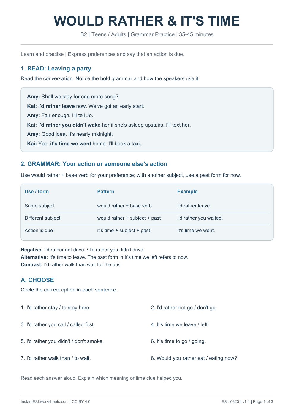 Page 1 of Would Rather and Its Time - Grammar Practice