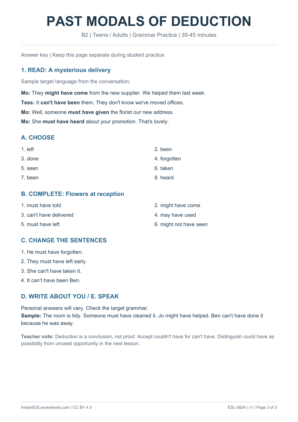 Page 3 of Past Modals of Deduction - Grammar Practice - answer key