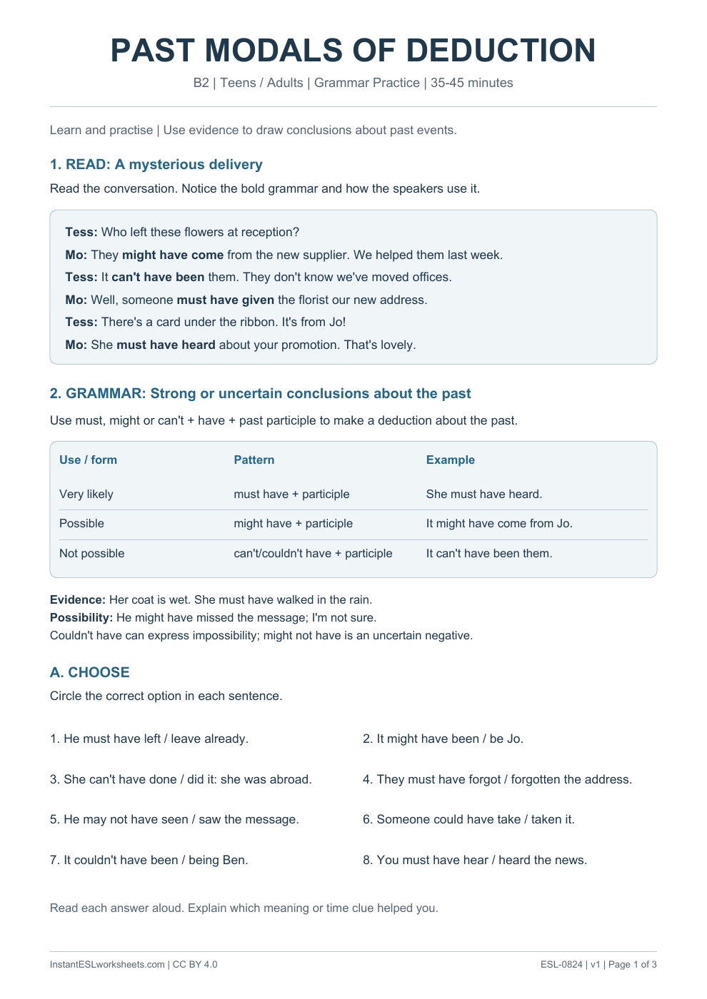 Page 1 of Past Modals of Deduction - Grammar Practice