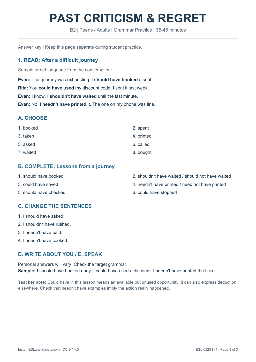 Page 3 of Past Criticism and Regret - Grammar Practice - answer key
