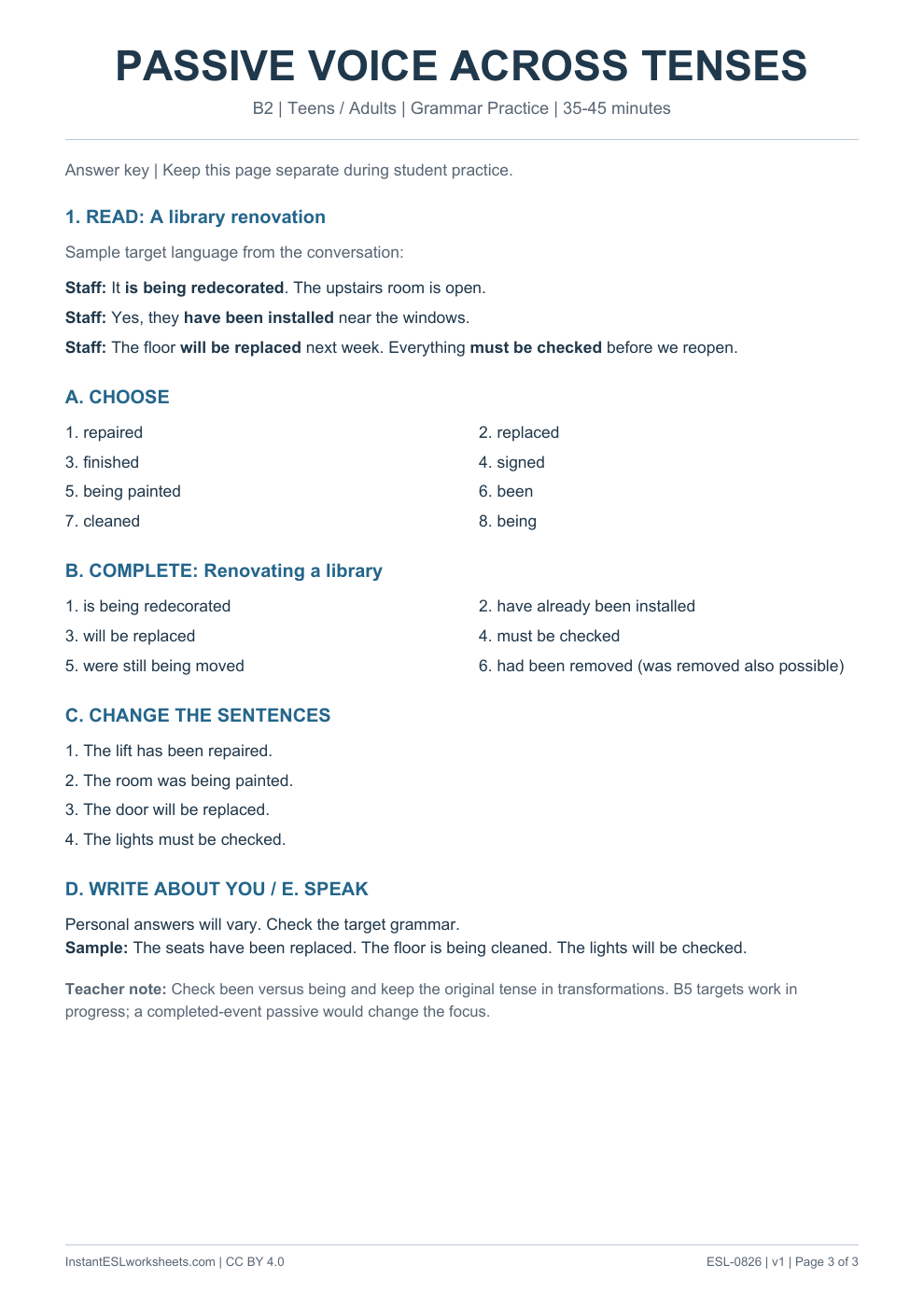 Page 3 of Passive Voice Across Tenses - Grammar Practice - answer key